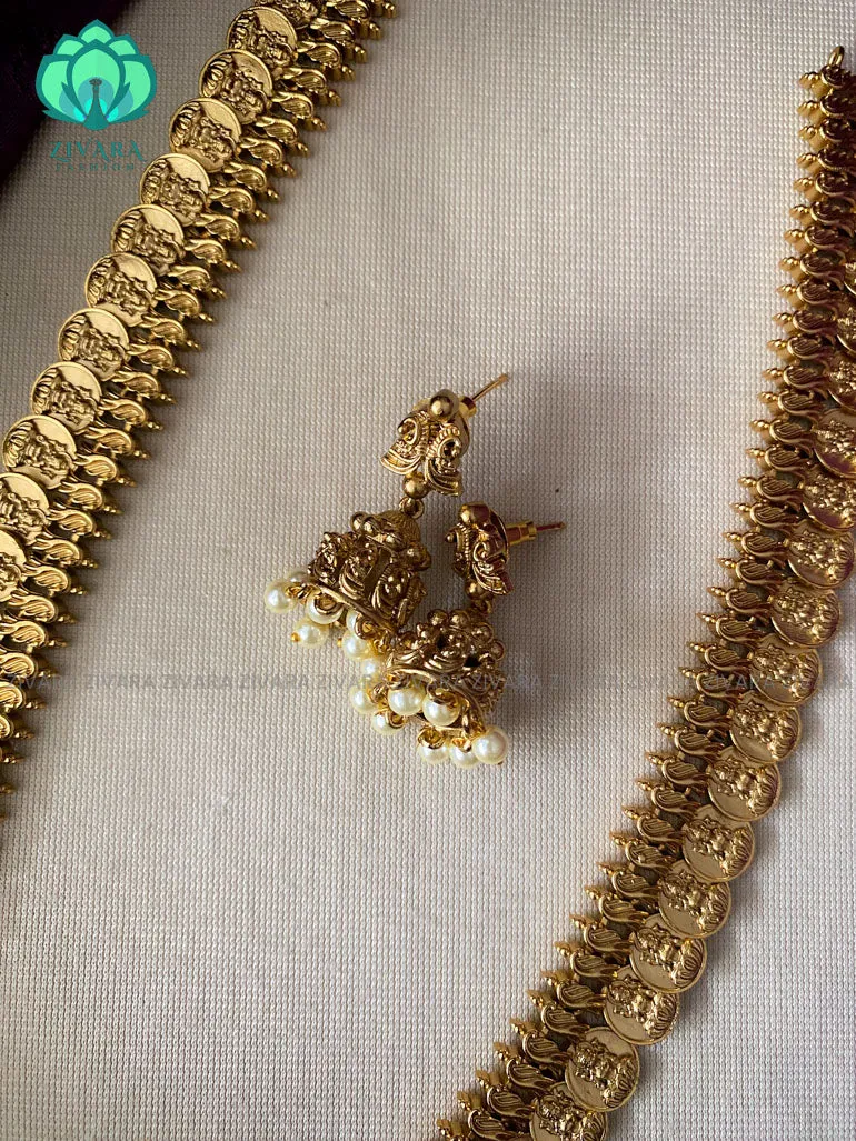 NO STONE COIN- Traditional premium gold polish long haaram/neckwear with earrings- Zivara Fashion