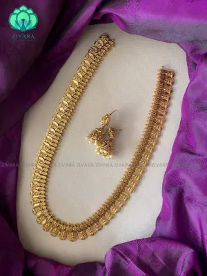 NO STONE COIN- Traditional premium gold polish long haaram/neckwear with earrings- Zivara Fashion