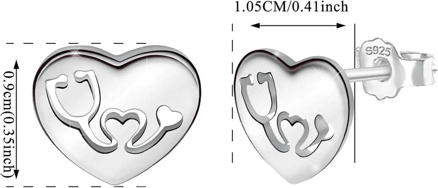 Nurse Earrings for Women Sterling Silver Stethoscope Stud Earrings With Heart Medical Post Elegant Minimalist Jewelry for Practitioner Rn Doctor Student Gifts for Nurses Day Birthday