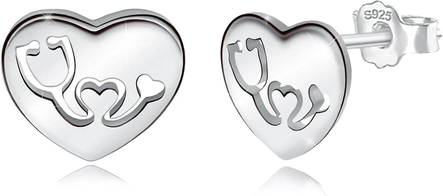 Nurse Earrings for Women Sterling Silver Stethoscope Stud Earrings With Heart Medical Post Elegant Minimalist Jewelry for Practitioner Rn Doctor Student Gifts for Nurses Day Birthday