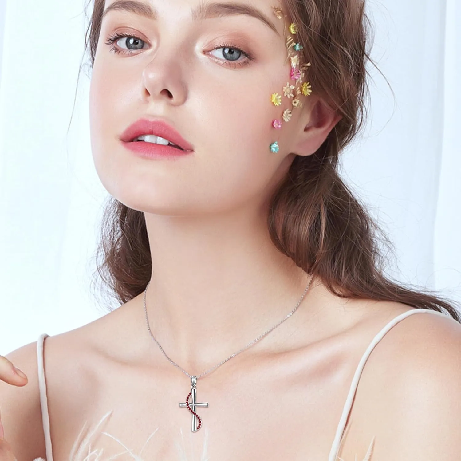 OCJ Christmas Gifts for Women, S925 Sterling Silver Birthstone Cross Pendant Necklaces with 5A Zirconia Religion Christian Jewelry Gifts for Women Daughter Her Birthday Gifts
