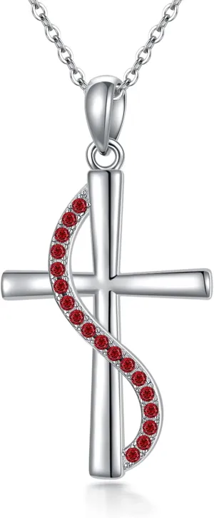 OCJ Christmas Gifts for Women, S925 Sterling Silver Birthstone Cross Pendant Necklaces with 5A Zirconia Religion Christian Jewelry Gifts for Women Daughter Her Birthday Gifts