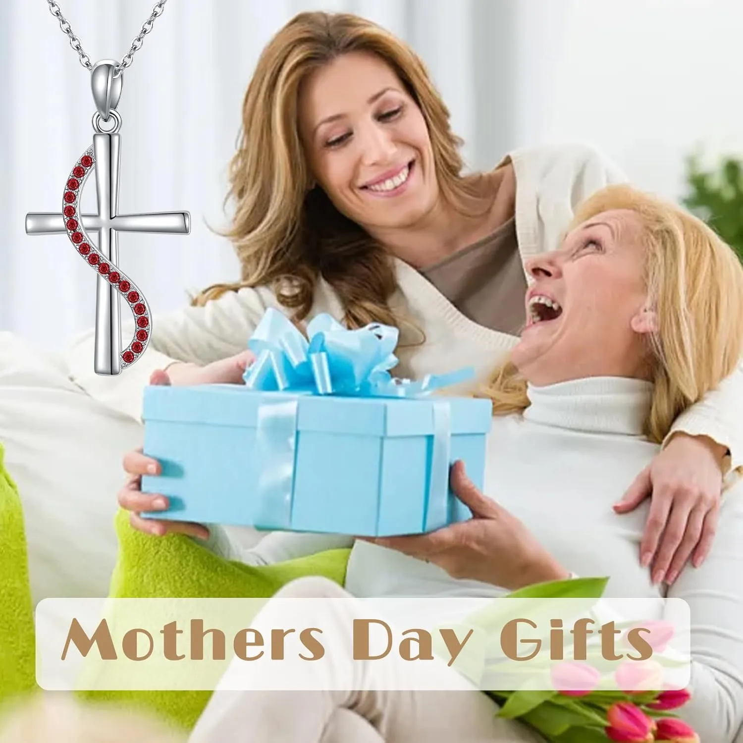 OCJ Christmas Gifts for Women, S925 Sterling Silver Birthstone Cross Pendant Necklaces with 5A Zirconia Religion Christian Jewelry Gifts for Women Daughter Her Birthday Gifts