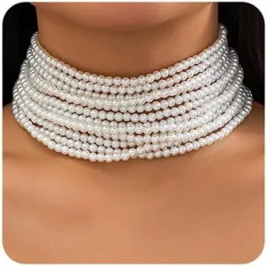 Octwine Boho Round Imitation Pearl Large Layered Choker Necklace Multi Strands Vintage Choker 1920s Bridal Wedding Christmas Vintage Shiny Necklace for Women (Silver 2)