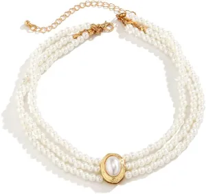 Octwine Boho Round Imitation Pearl Layered Choker Necklace Multi Strands Vintage Choker 1920s Bridal Wedding Christmas Vintage Shiny Necklace for Women (Gold 3)