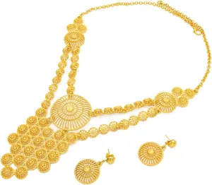 OIDIMS Elegant Indian Jewelry Sets Bollywood Jewellery Bohemian Wedding Outfits Exaggerated Hollow Big Pendant Necklace Earrings Dangle Prom Party Ethnic Traditional Bride Dress Accessories for Women