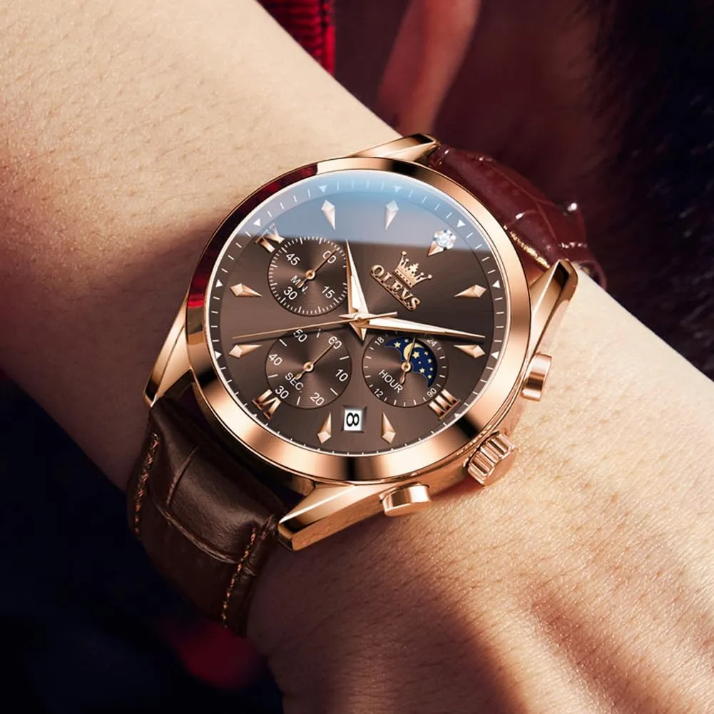 OLEVS Men's Leather Analog Quartz Watch - Luxury Chronograph Wristwatch With Date, Waterproof, Luminous - Dress Style