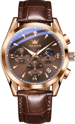 OLEVS Men's Leather Analog Quartz Watch - Luxury Chronograph Wristwatch With Date, Waterproof, Luminous - Dress Style