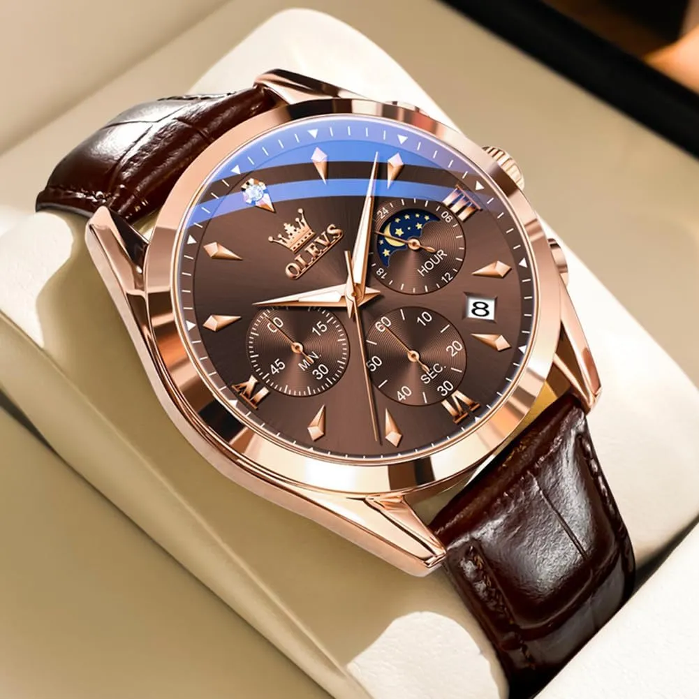 OLEVS Men's Leather Analog Quartz Watch - Luxury Chronograph Wristwatch With Date, Waterproof, Luminous - Dress Style