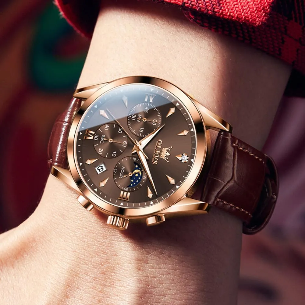 OLEVS Men's Leather Analog Quartz Watch - Luxury Chronograph Wristwatch With Date, Waterproof, Luminous - Dress Style