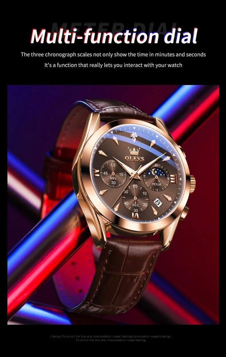 OLEVS Men's Leather Analog Quartz Watch - Luxury Chronograph Wristwatch With Date, Waterproof, Luminous - Dress Style