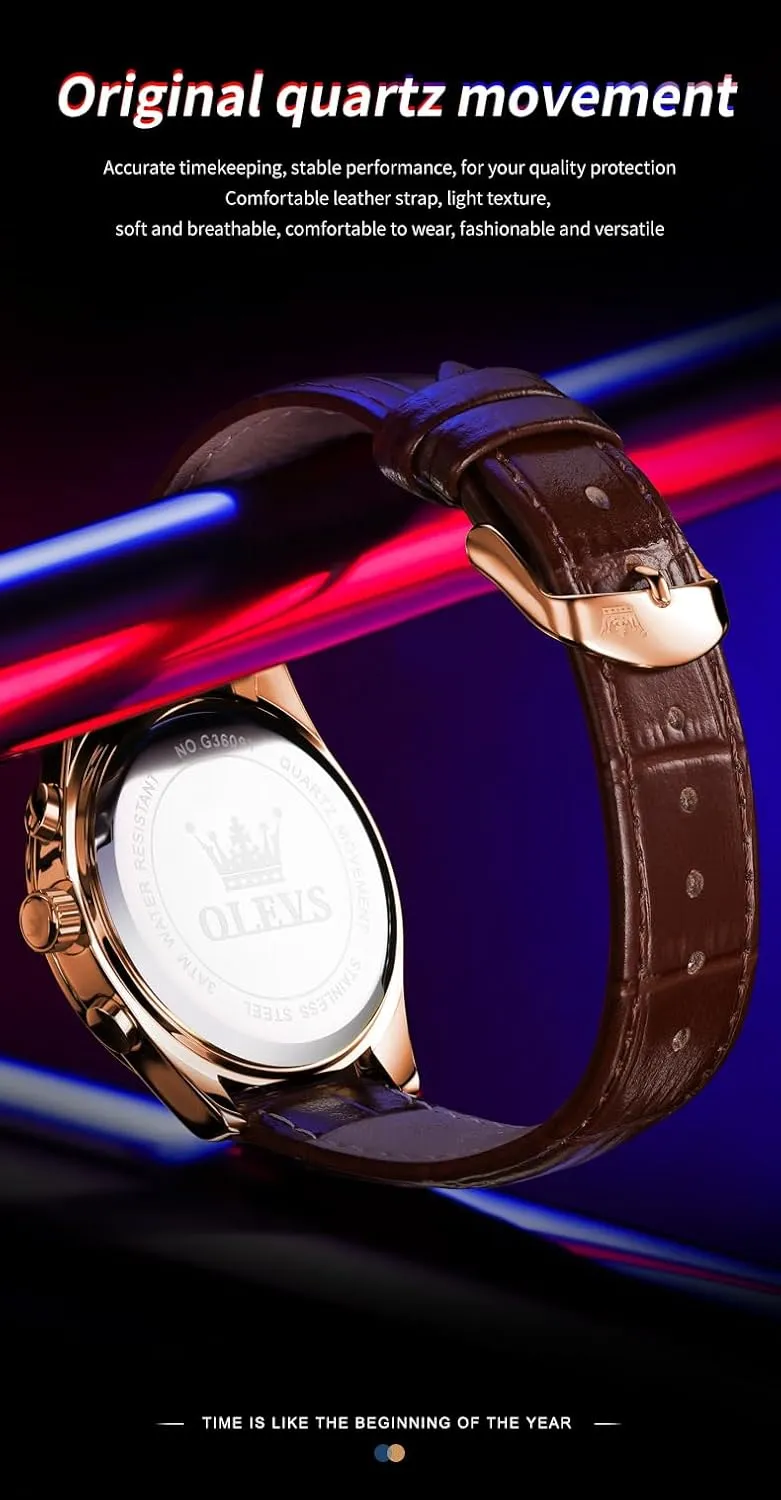 OLEVS Men's Leather Analog Quartz Watch - Luxury Chronograph Wristwatch With Date, Waterproof, Luminous - Dress Style