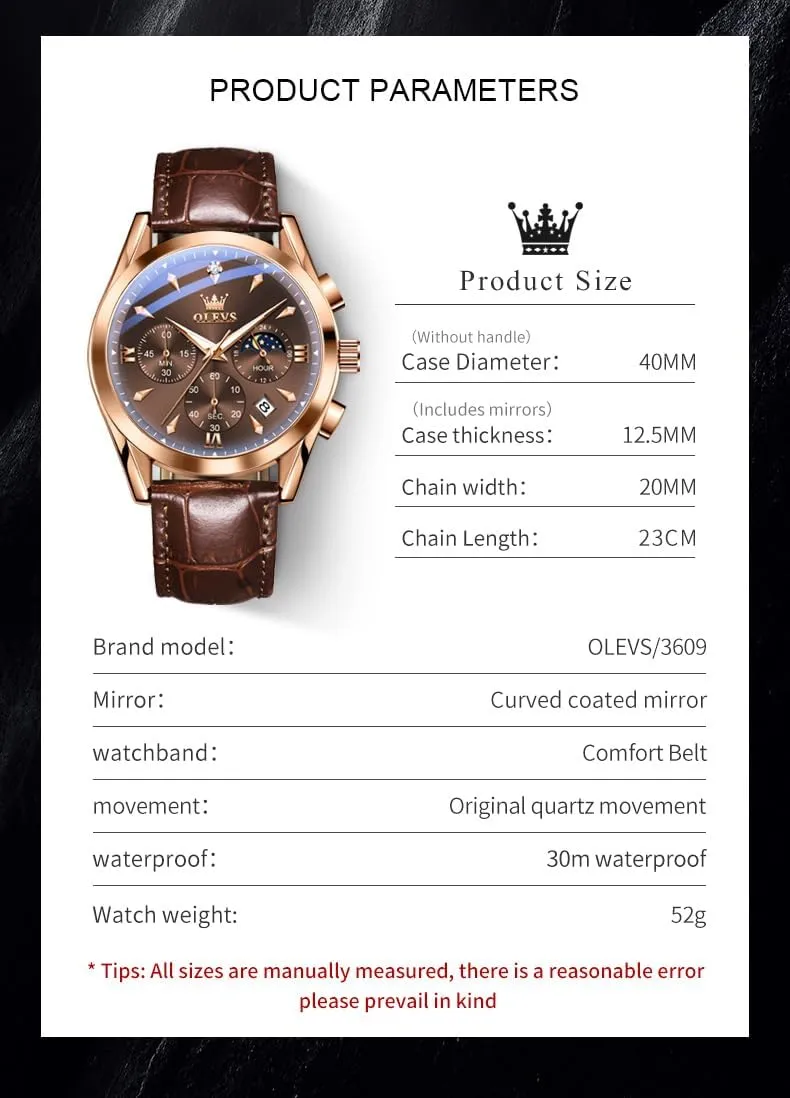 OLEVS Men's Leather Analog Quartz Watch - Luxury Chronograph Wristwatch With Date, Waterproof, Luminous - Dress Style