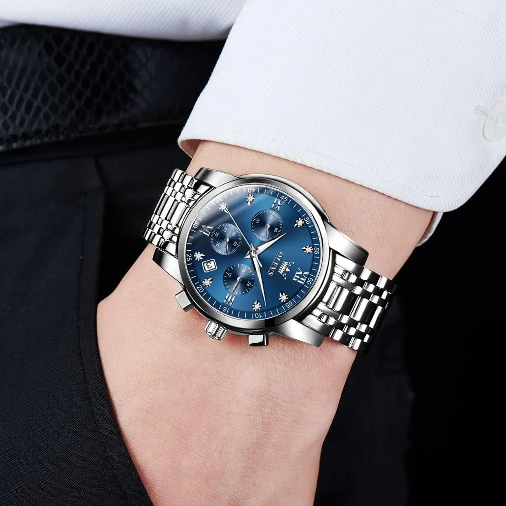 OLEVS Men's Stainless Steel Chronograph Watch, Big Face Gold Silver Black Tone Easy to Read Analog Quartz Watch, Luxury Waterproof Date Diamond Roman Arabic Numerals Dial Dress Watch for Men