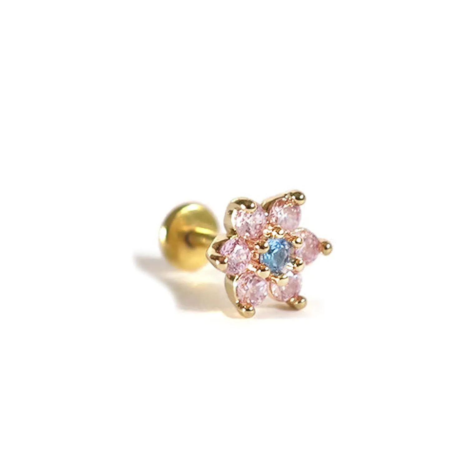 One Piece Surgical Stainless Steel 18 Gauge 316L High Quality Pink Sapphire CZ Aquamarine Flower Stud Earring Cartilage Labret Handcrafted In US Ship Within 24 hrs (6mm Gold Pink)