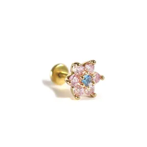 One Piece Surgical Stainless Steel 18 Gauge 316L High Quality Pink Sapphire CZ Aquamarine Flower Stud Earring Cartilage Labret Handcrafted In US Ship Within 24 hrs (6mm Gold Pink)