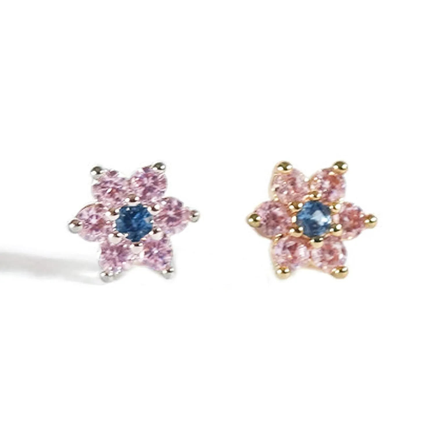 One Piece Surgical Stainless Steel 18 Gauge 316L High Quality Pink Sapphire CZ Aquamarine Flower Stud Earring Cartilage Labret Handcrafted In US Ship Within 24 hrs (6mm Gold Pink)