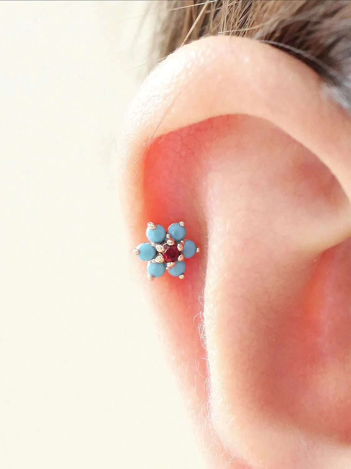 One Piece Surgical Stainless Steel 18 Gauge 316L High Quality Pink Sapphire CZ Aquamarine Flower Stud Earring Cartilage Labret Handcrafted In US Ship Within 24 hrs (6mm Gold Pink)