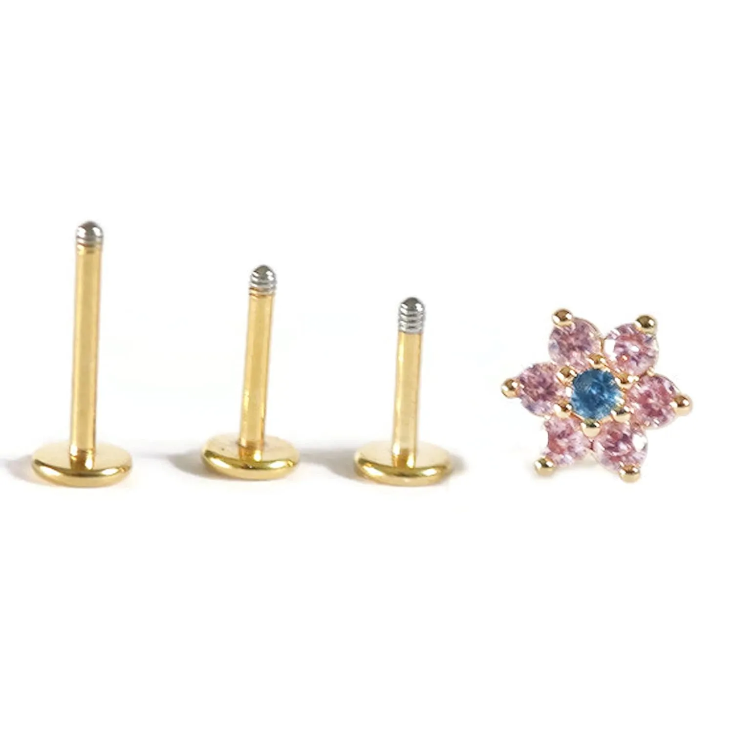 One Piece Surgical Stainless Steel 18 Gauge 316L High Quality Pink Sapphire CZ Aquamarine Flower Stud Earring Cartilage Labret Handcrafted In US Ship Within 24 hrs (6mm Gold Pink)