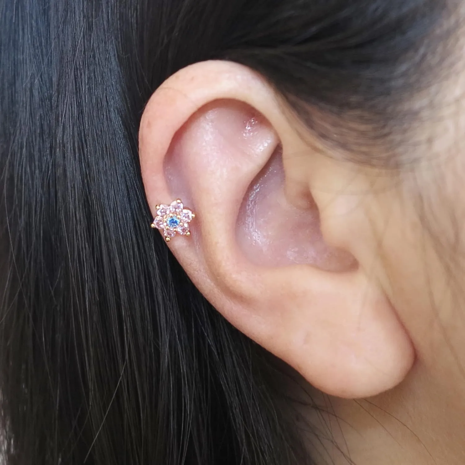 One Piece Surgical Stainless Steel 18 Gauge 316L High Quality Pink Sapphire CZ Aquamarine Flower Stud Earring Cartilage Labret Handcrafted In US Ship Within 24 hrs (6mm Gold Pink)