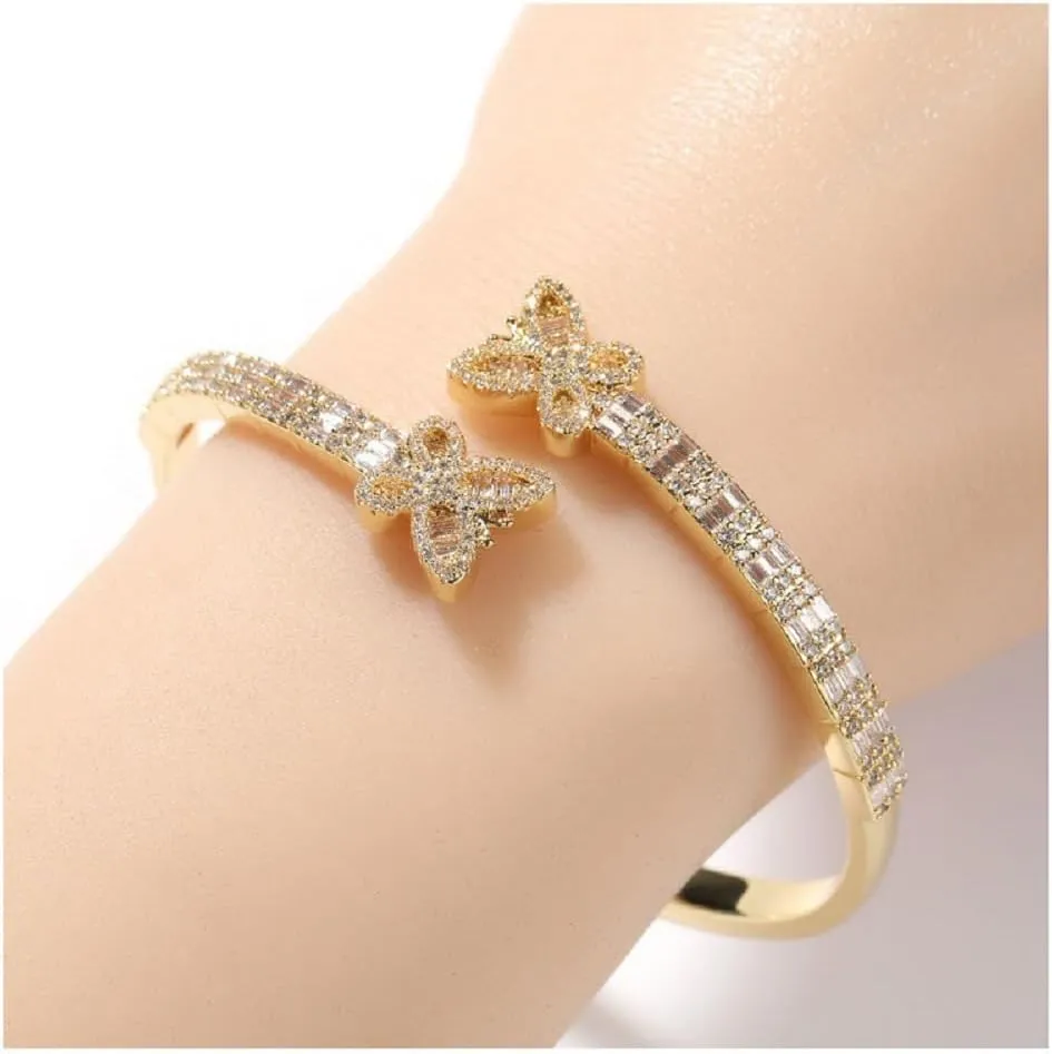 Open Bangle Bracelets for Women Adjustable Butterfly Cuff Bangle 18K Gold Plated Cubic Zirconia Iced Out Simulated Diamond Bracelet Hip Hop Jewelry Gift for Men Women