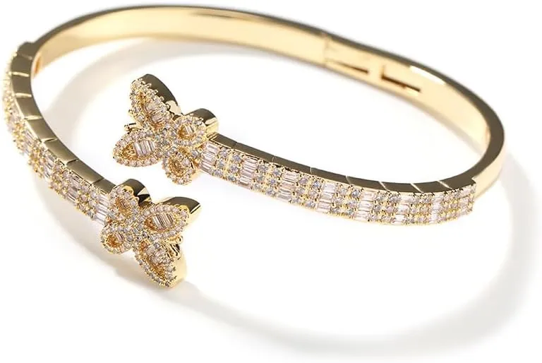 Open Bangle Bracelets for Women Adjustable Butterfly Cuff Bangle 18K Gold Plated Cubic Zirconia Iced Out Simulated Diamond Bracelet Hip Hop Jewelry Gift for Men Women