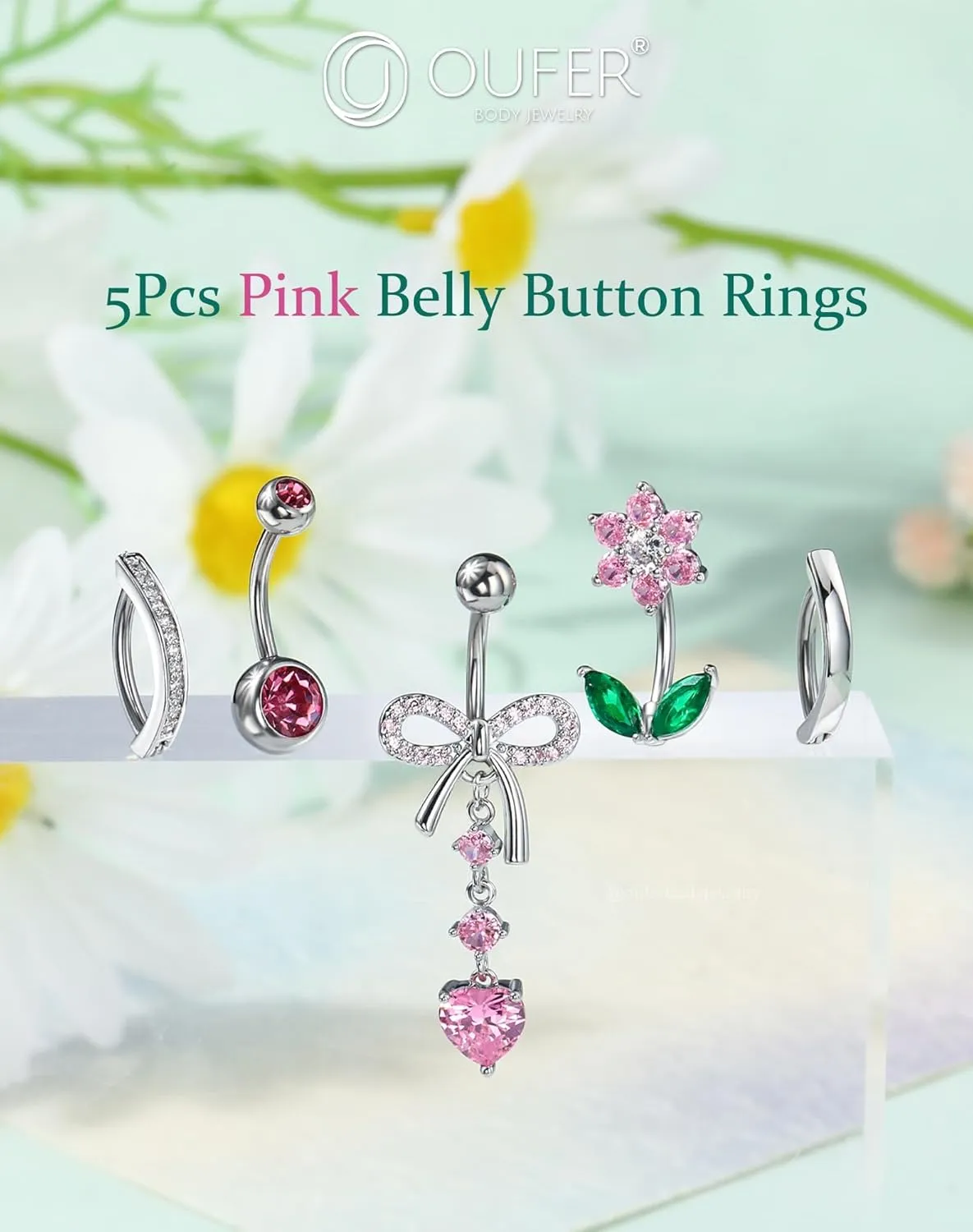 OUFER 5PCS Belly Button Rings, Cute Bow Flower Heart Dangle Navel Belly Piercing Jewelry, Clicker Navel Rings for Women Men, 14G Surgical Steel Dainty Dangly Dangling Body Piercing Jewelry