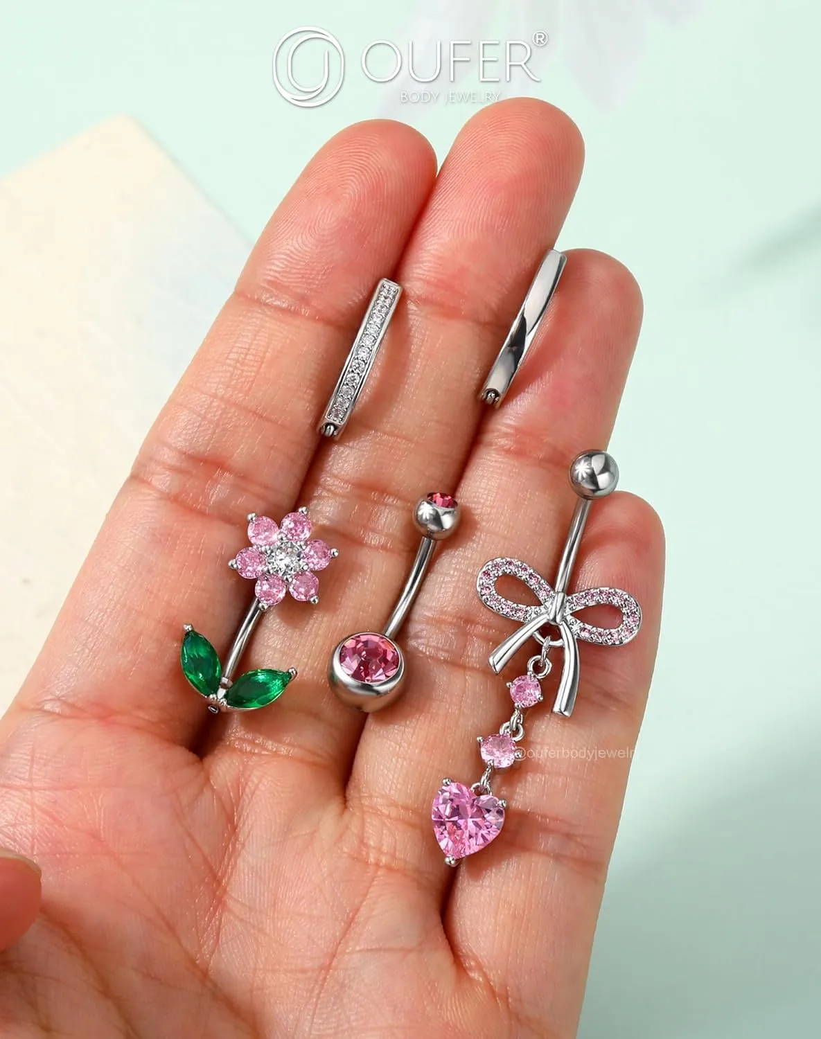 OUFER 5PCS Belly Button Rings, Cute Bow Flower Heart Dangle Navel Belly Piercing Jewelry, Clicker Navel Rings for Women Men, 14G Surgical Steel Dainty Dangly Dangling Body Piercing Jewelry