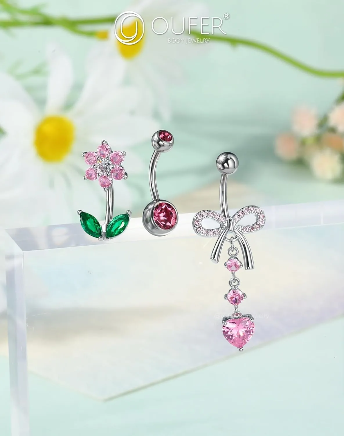 OUFER 5PCS Belly Button Rings, Cute Bow Flower Heart Dangle Navel Belly Piercing Jewelry, Clicker Navel Rings for Women Men, 14G Surgical Steel Dainty Dangly Dangling Body Piercing Jewelry