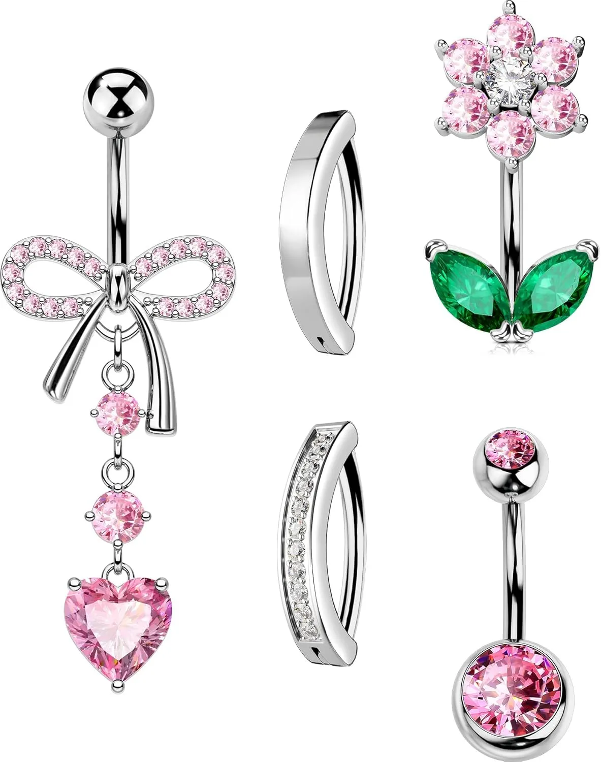 OUFER 5PCS Belly Button Rings, Cute Bow Flower Heart Dangle Navel Belly Piercing Jewelry, Clicker Navel Rings for Women Men, 14G Surgical Steel Dainty Dangly Dangling Body Piercing Jewelry