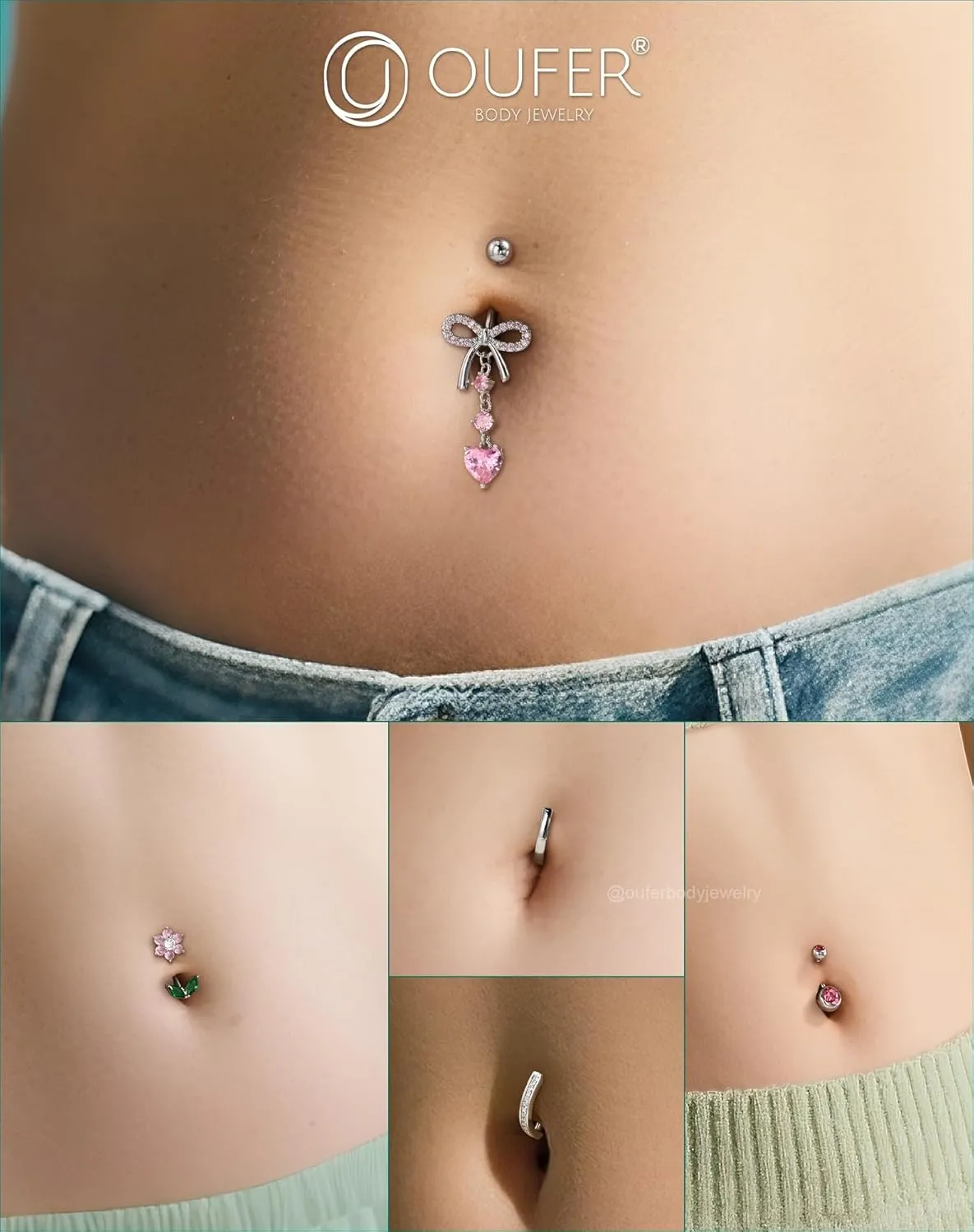OUFER 5PCS Belly Button Rings, Cute Bow Flower Heart Dangle Navel Belly Piercing Jewelry, Clicker Navel Rings for Women Men, 14G Surgical Steel Dainty Dangly Dangling Body Piercing Jewelry
