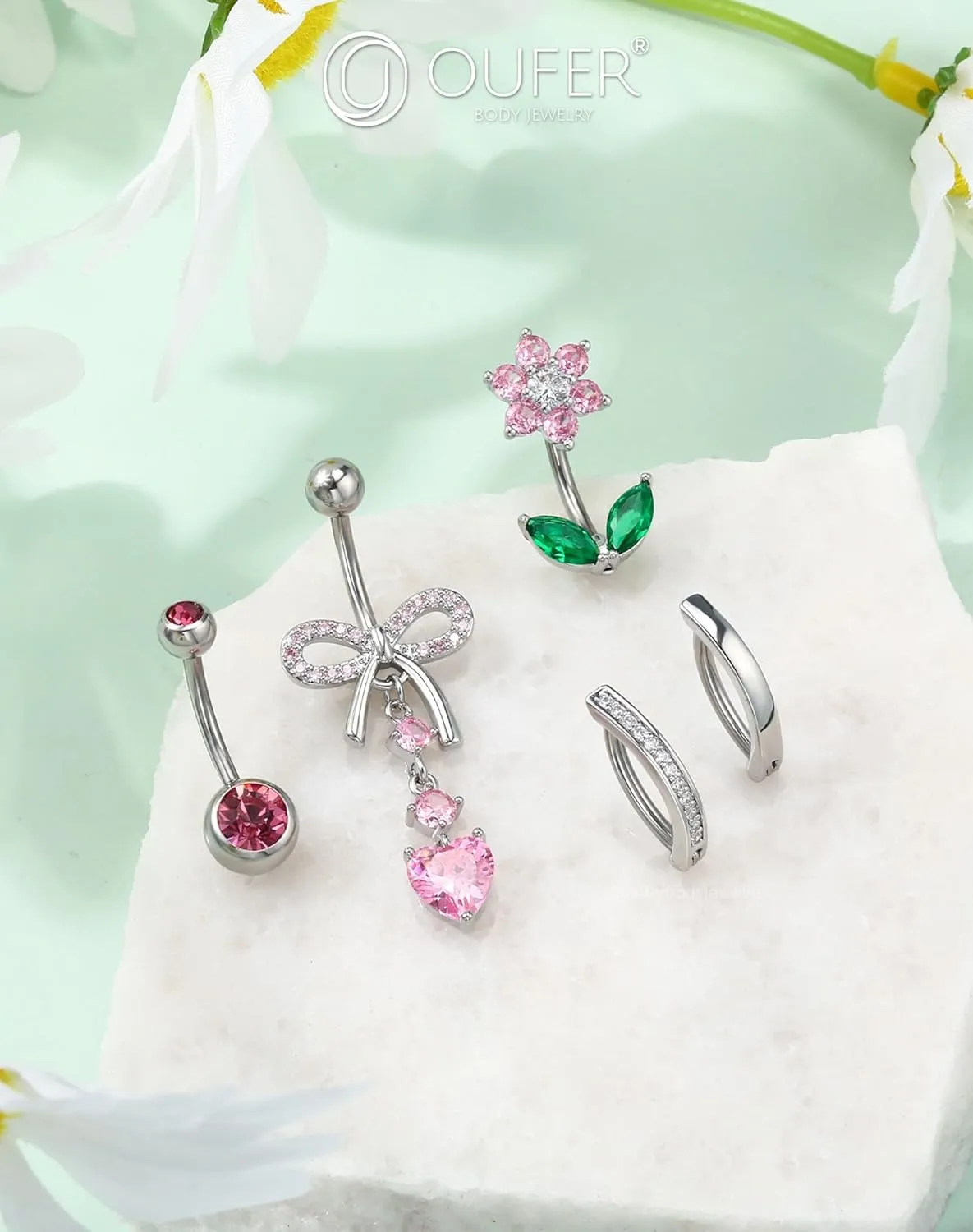 OUFER 5PCS Belly Button Rings, Cute Bow Flower Heart Dangle Navel Belly Piercing Jewelry, Clicker Navel Rings for Women Men, 14G Surgical Steel Dainty Dangly Dangling Body Piercing Jewelry