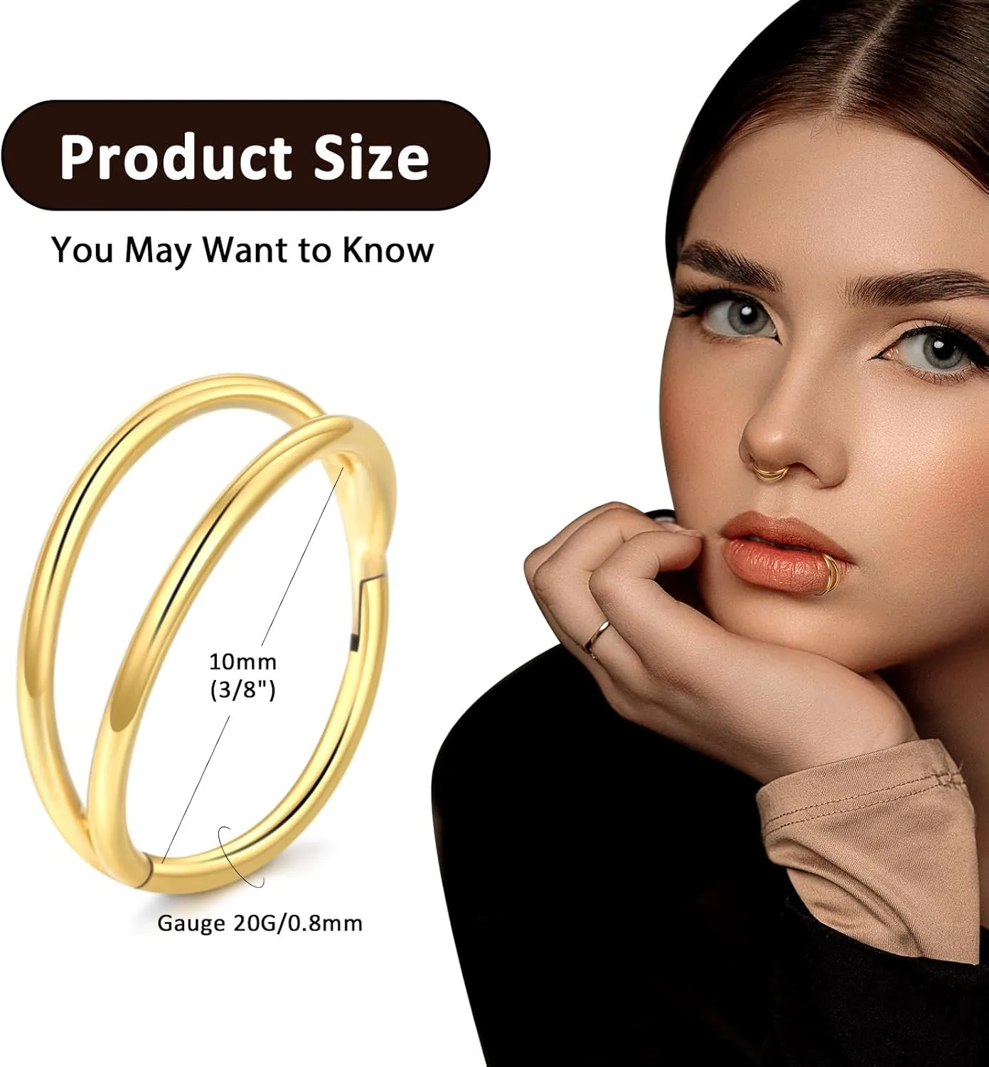 Oveta Titanium Double Hoop Nose Rings 18G 20G 16G Tragus Helix Conch Piercing Jewelry Cartilage Hoop Earring, Silver/Gold