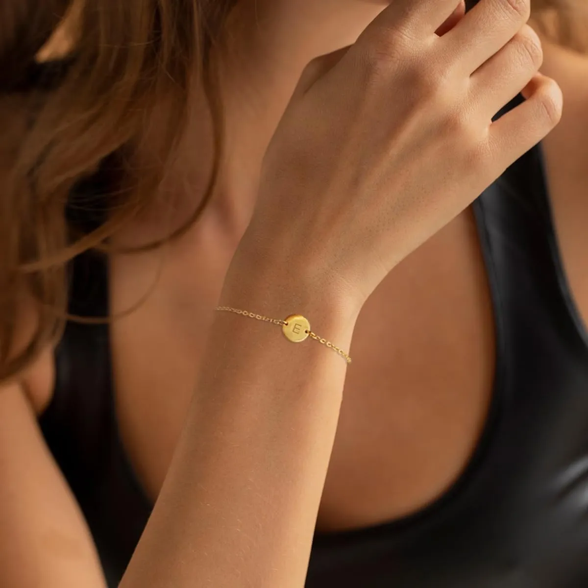 Ovian Initial Charm Bracelet for Women 18K Gold Plated stainless steel Coin Disc Engraved Letter Bracelet Personalized Monogram Name Bracelet