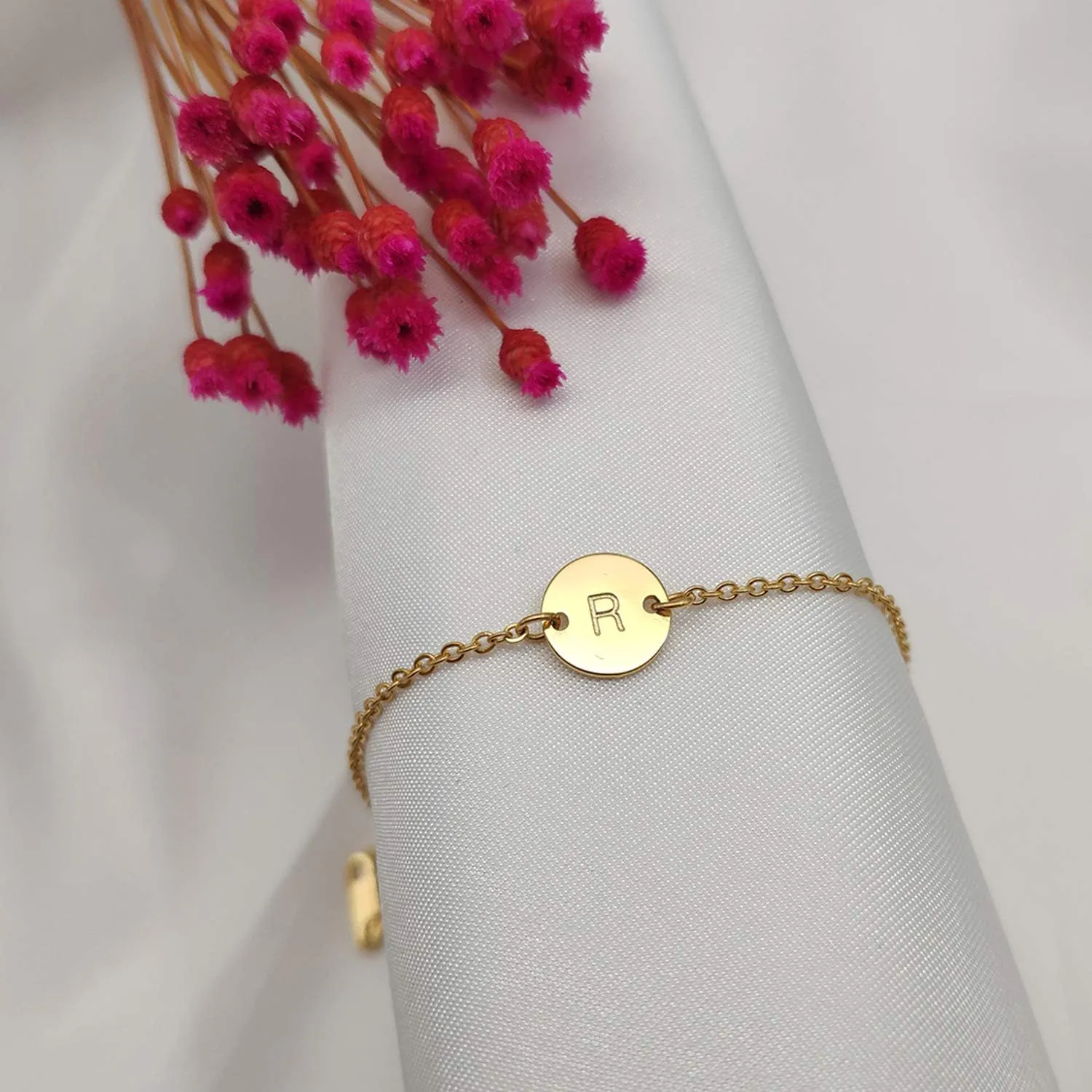 Ovian Initial Charm Bracelet for Women 18K Gold Plated stainless steel Coin Disc Engraved Letter Bracelet Personalized Monogram Name Bracelet