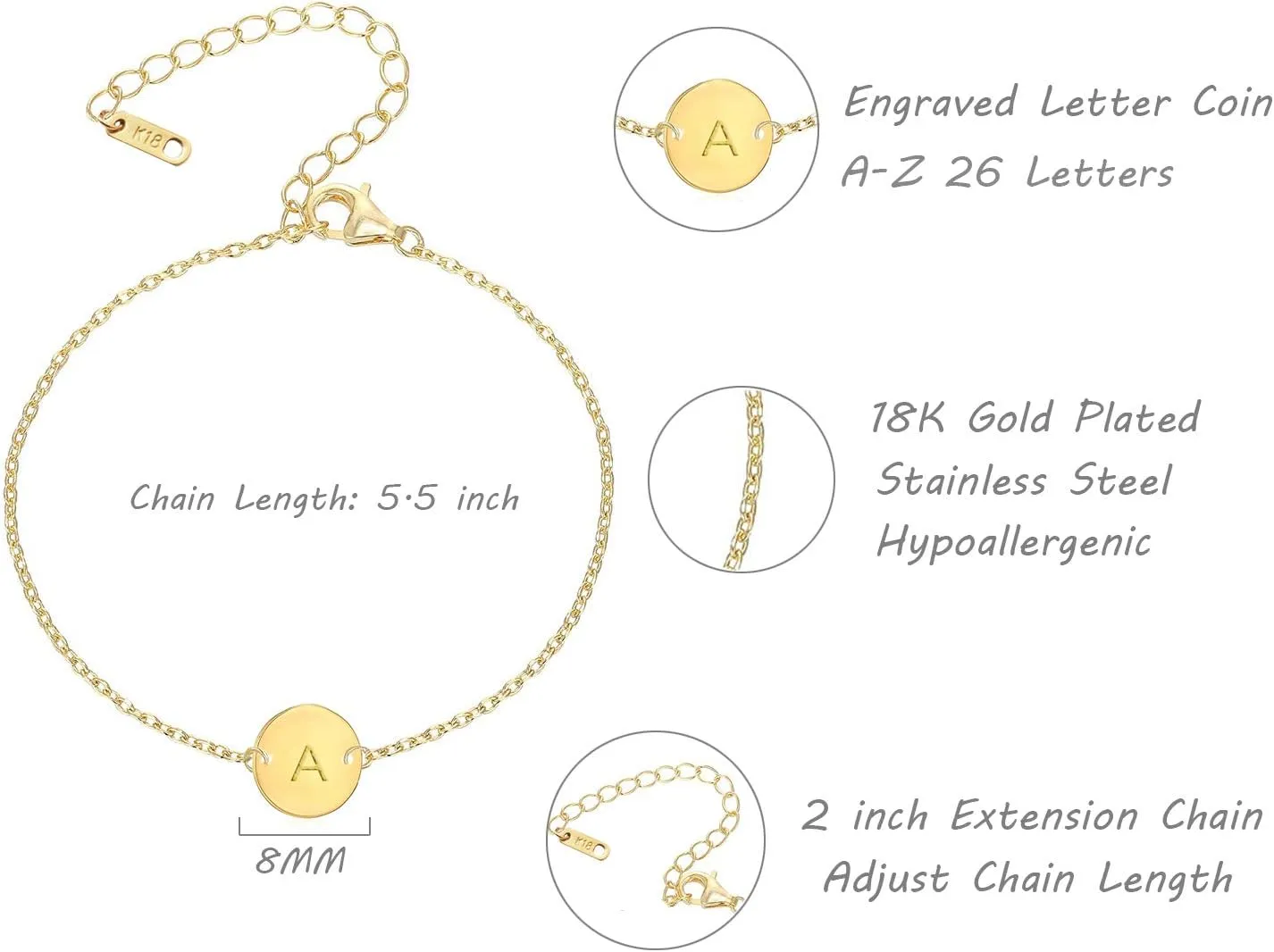 Ovian Initial Charm Bracelet for Women 18K Gold Plated stainless steel Coin Disc Engraved Letter Bracelet Personalized Monogram Name Bracelet