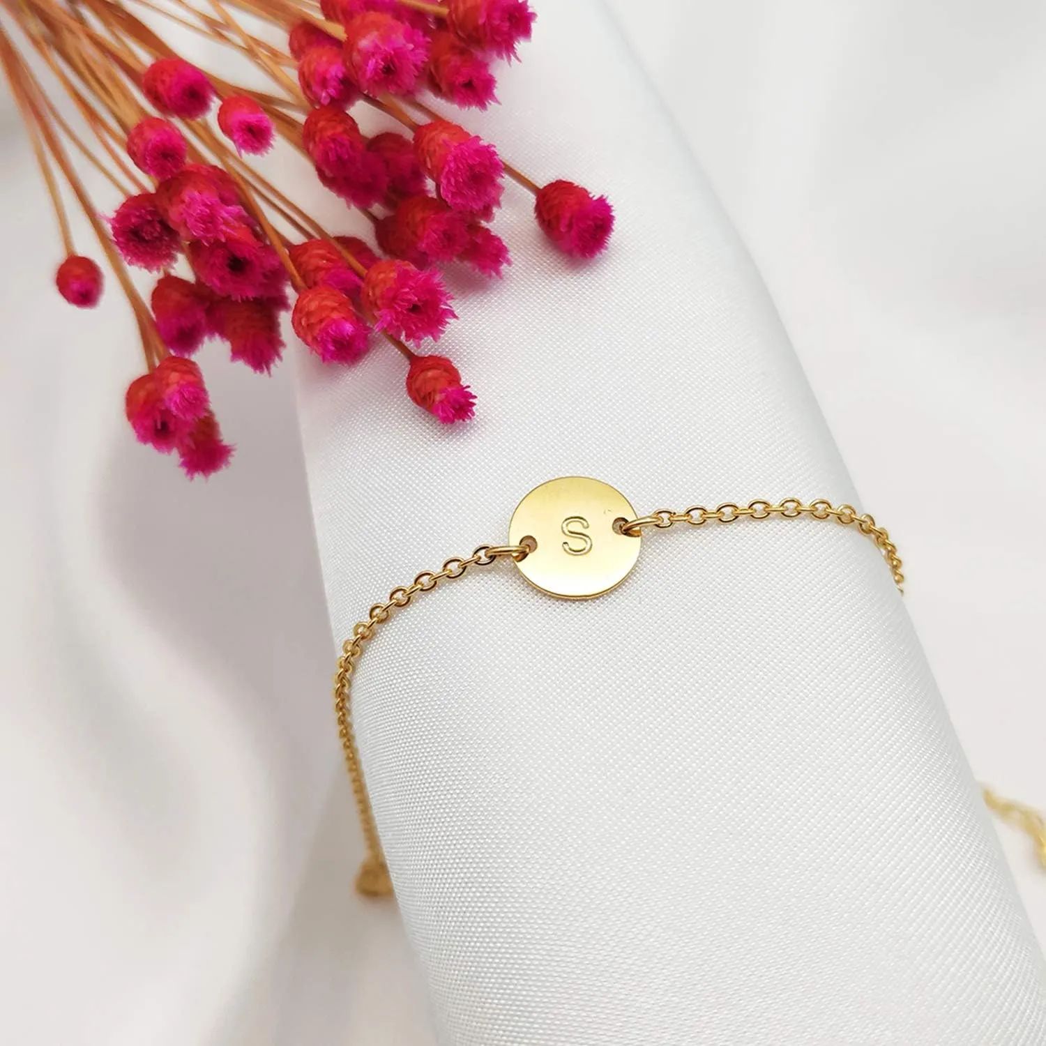 Ovian Initial Charm Bracelet for Women 18K Gold Plated stainless steel Coin Disc Engraved Letter Bracelet Personalized Monogram Name Bracelet