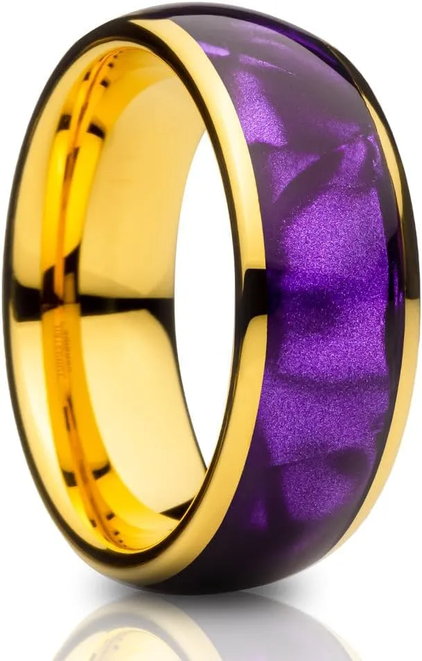 OVIEDO JEWELRY Purple Cowrie Wedding Ring, Yellow Gold Tungsten 8mm Ring, Man & Woman Unique Dome Band, Purple Anniversary Comfort Fit Band