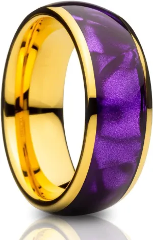 OVIEDO JEWELRY Purple Cowrie Wedding Ring, Yellow Gold Tungsten 8mm Ring, Man & Woman Unique Dome Band, Purple Anniversary Comfort Fit Band