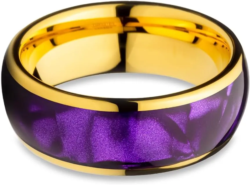 OVIEDO JEWELRY Purple Cowrie Wedding Ring, Yellow Gold Tungsten 8mm Ring, Man & Woman Unique Dome Band, Purple Anniversary Comfort Fit Band