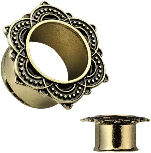 Pair of Large Antique Gold IP Rose of Sharon Design Flared Tunnels Ear Plugs 5/8" (16 mm) Body Unique Jewelry Delicate Design Piercing Steel Surgical For Women
