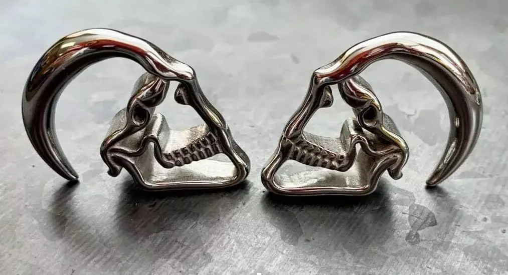 PAIR of Unique 316L Surgical Steel Skull Hanging Taper - Expanders Plugs - Tunnels - Ear Hangers - Body Jewelry