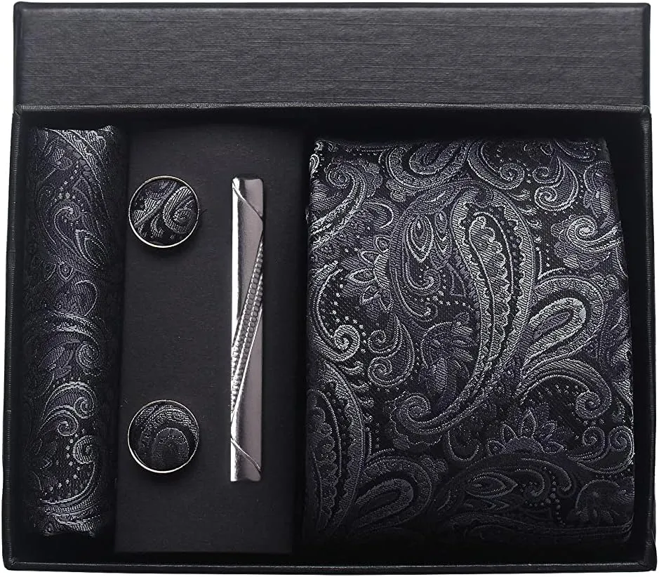 Paisley Floral Mens Tie Formal Necktie Pocket Squares Ties Clips Cufflinks Classic for Men Set