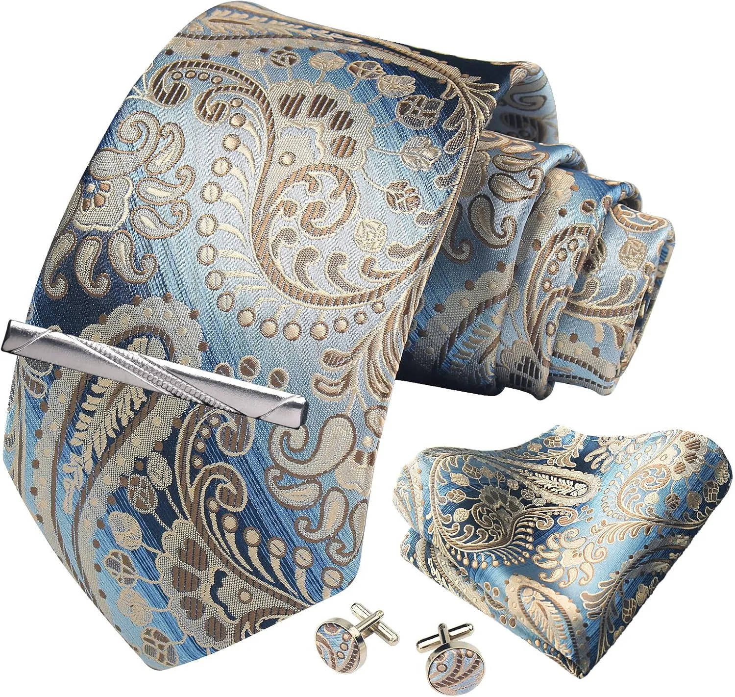 Paisley Floral Mens Tie Formal Necktie Pocket Squares Ties Clips Cufflinks Classic for Men Set