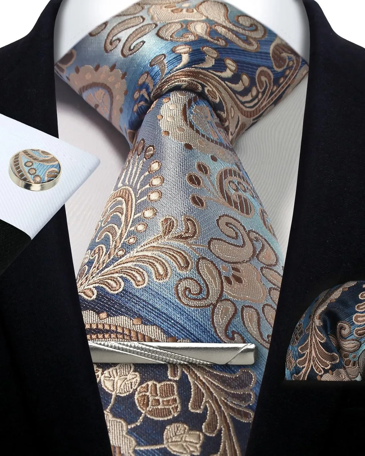 Paisley Floral Mens Tie Formal Necktie Pocket Squares Ties Clips Cufflinks Classic for Men Set