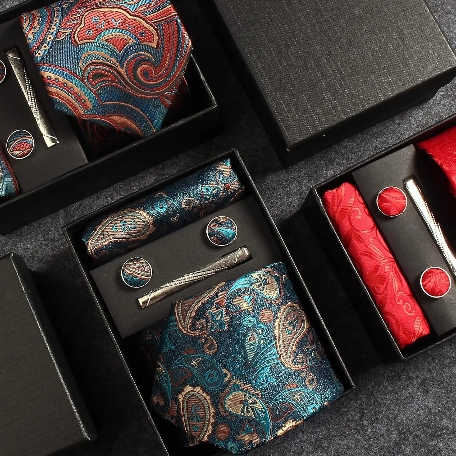Paisley Floral Mens Tie Formal Necktie Pocket Squares Ties Clips Cufflinks Classic for Men Set
