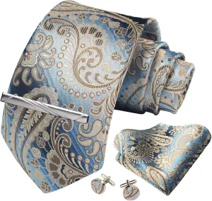 Paisley Floral Mens Tie Formal Necktie Pocket Squares Ties Clips Cufflinks Classic for Men Set