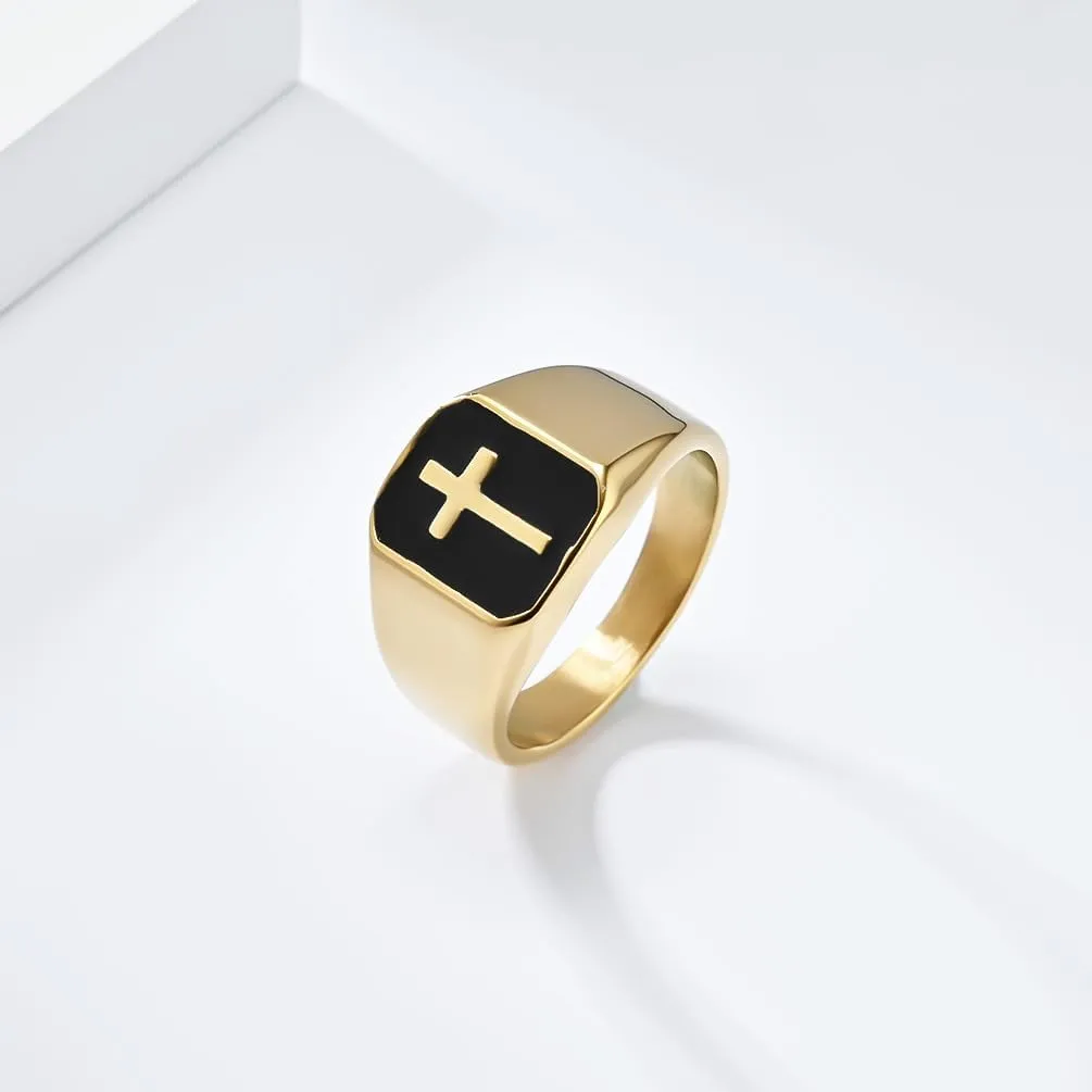 PAMTIER Men's Stainless Steel Vintage Unique Square Cut 15mm Cross Crucifix Biker Ring Comfort Fit
