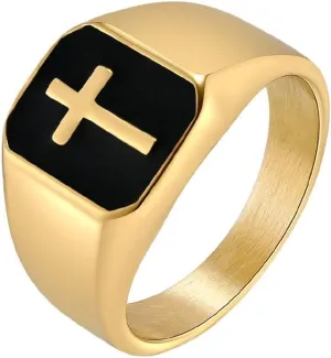 PAMTIER Men's Stainless Steel Vintage Unique Square Cut 15mm Cross Crucifix Biker Ring Comfort Fit
