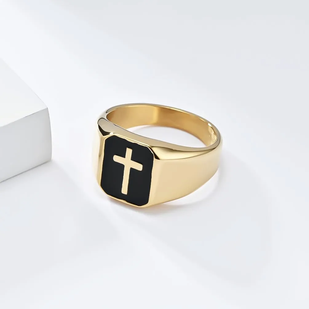 PAMTIER Men's Stainless Steel Vintage Unique Square Cut 15mm Cross Crucifix Biker Ring Comfort Fit